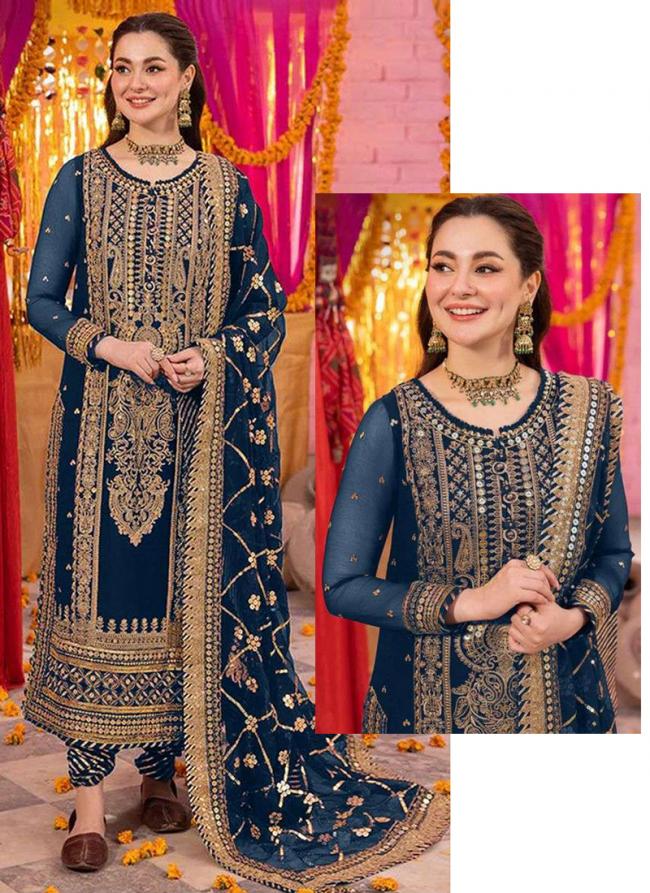 Faux Georgette Blue Wedding Wear Embroidery Work Pakistani Suit